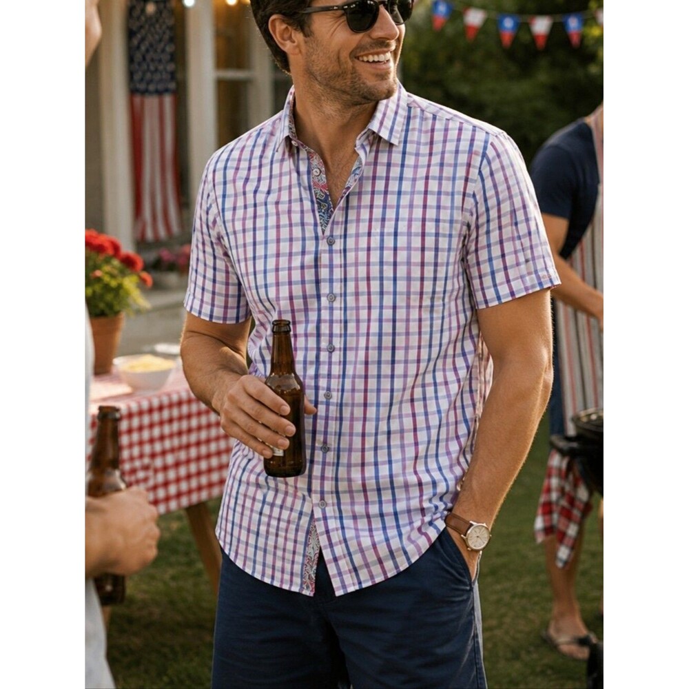 Inserch Icon Men's XL Jacquard Plaid Blue Purple Red S/S Button Up Front Shirt T